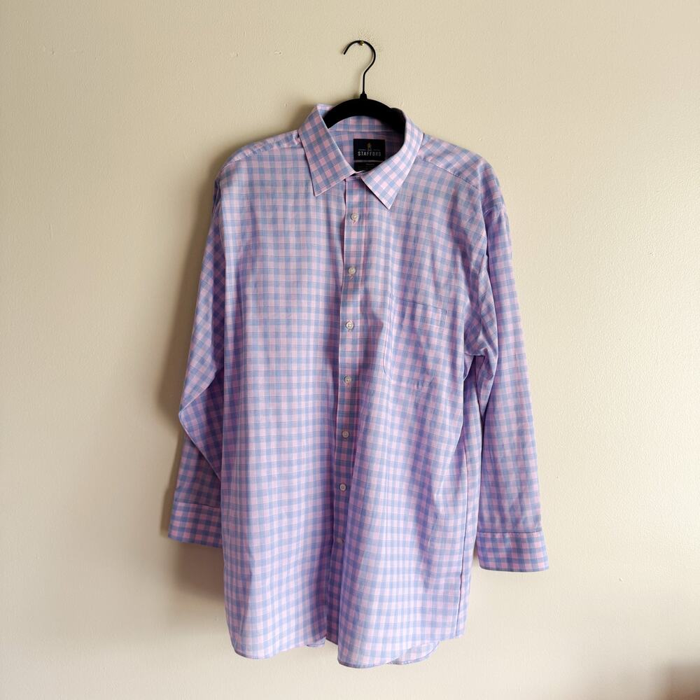 Stafford Blue + Pink Plaid Travel Easy Care Broadcloth Fitted Button Up Shirt